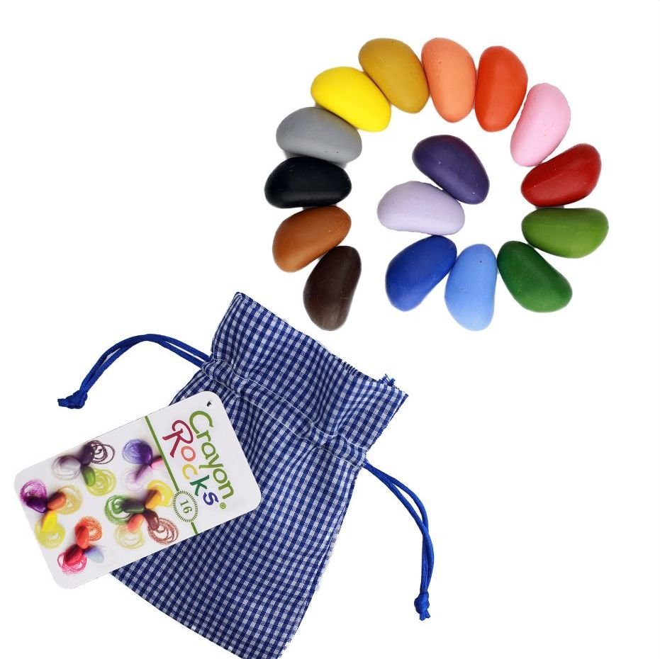 Crayon Rocks 16 Color in Festive Blue Gingham Bag - wood, natural Crayons for open-ended play - Title: Default Title