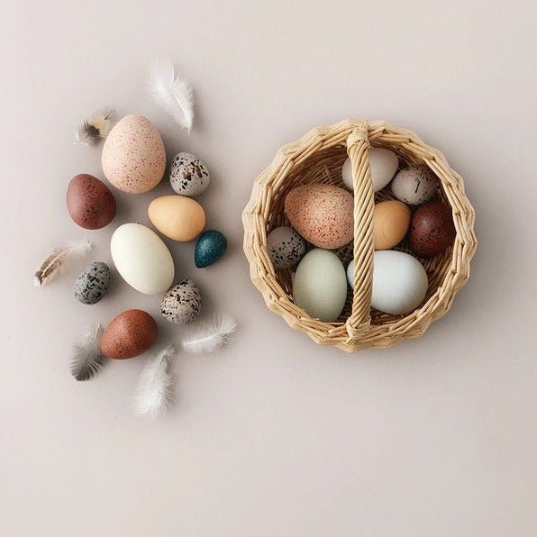 A Dozen Wooden Eggs in Basket - wood Play Food for open-ended play - Title: Default Title