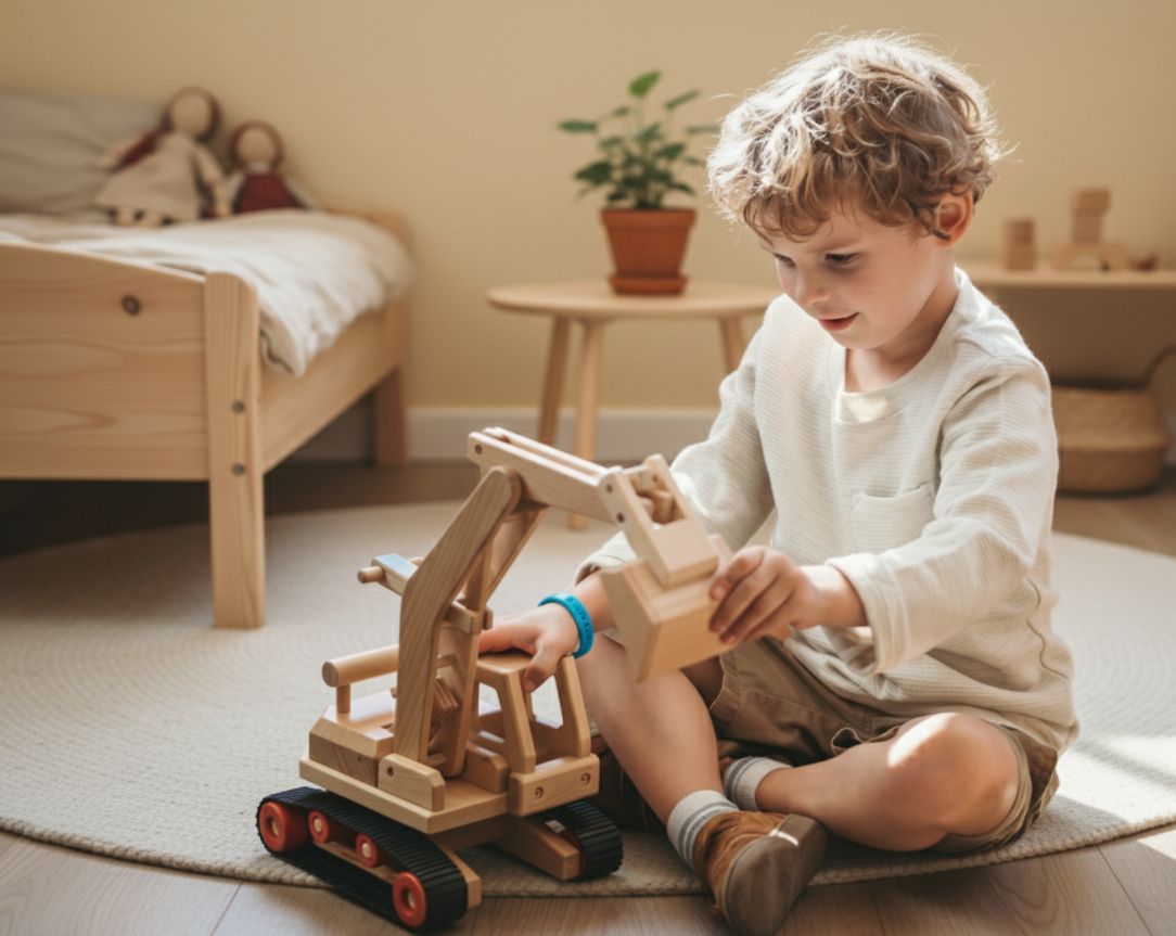 Top 10 Gift List. A little blond boy sits on the floor of a cozy children’s room playing with a wooden excavator toy.