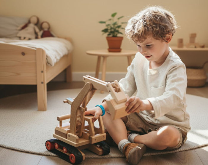 Top 10 Gift List. A little blond boy sits on the floor of a cozy children’s room playing with a wooden excavator toy.