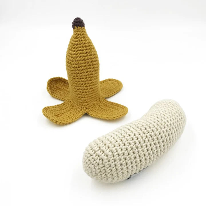 
                  
                    Organic Cotton Knitted  Banana Rattle by Myum - Blue Otter Toys
                  
                