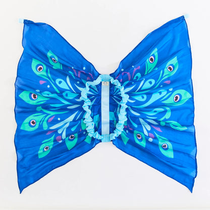 Blue silk wings with a peacock pattern on a white background