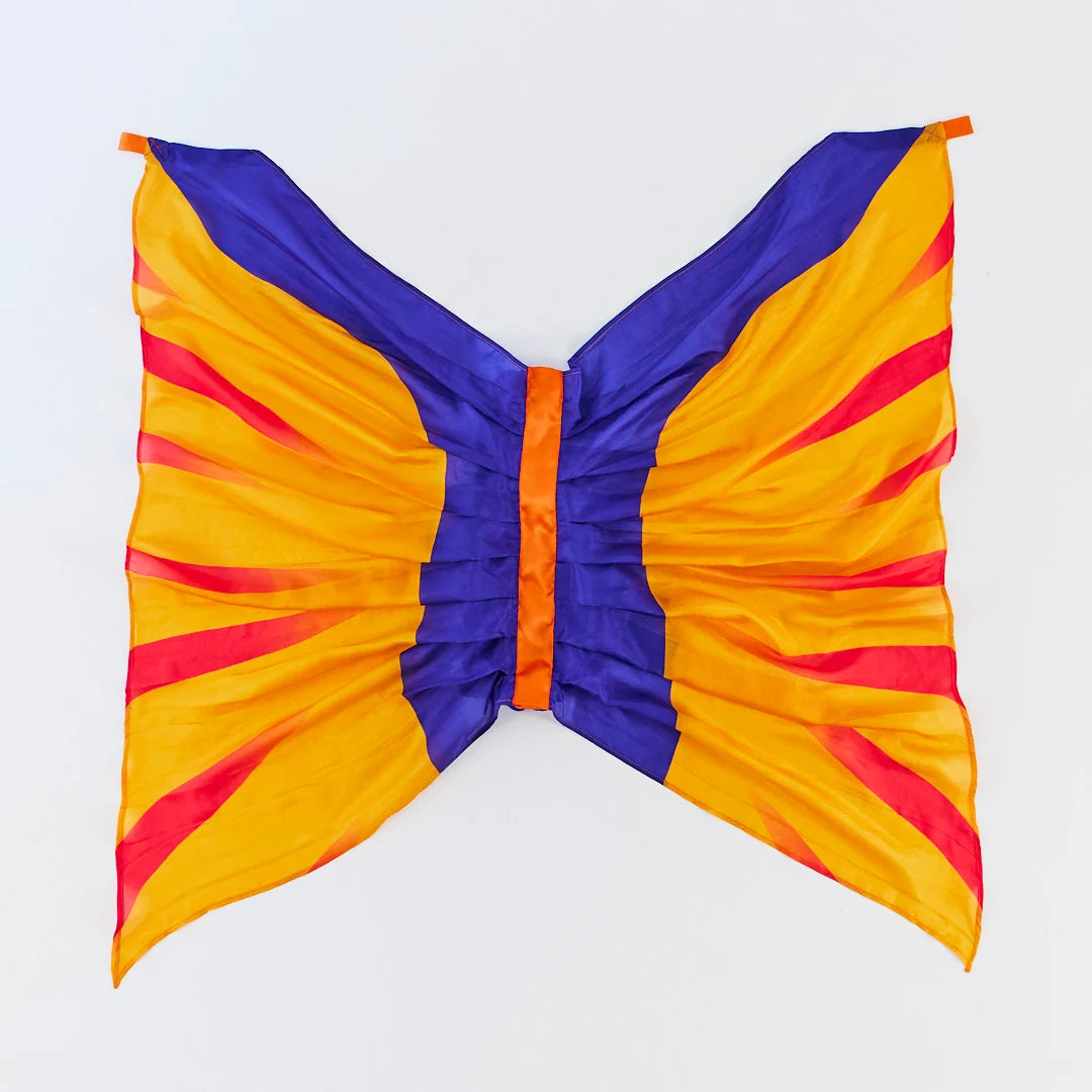 Silk pterodactyl wings with purple in the middle, and yellow and orange stripes on a white background