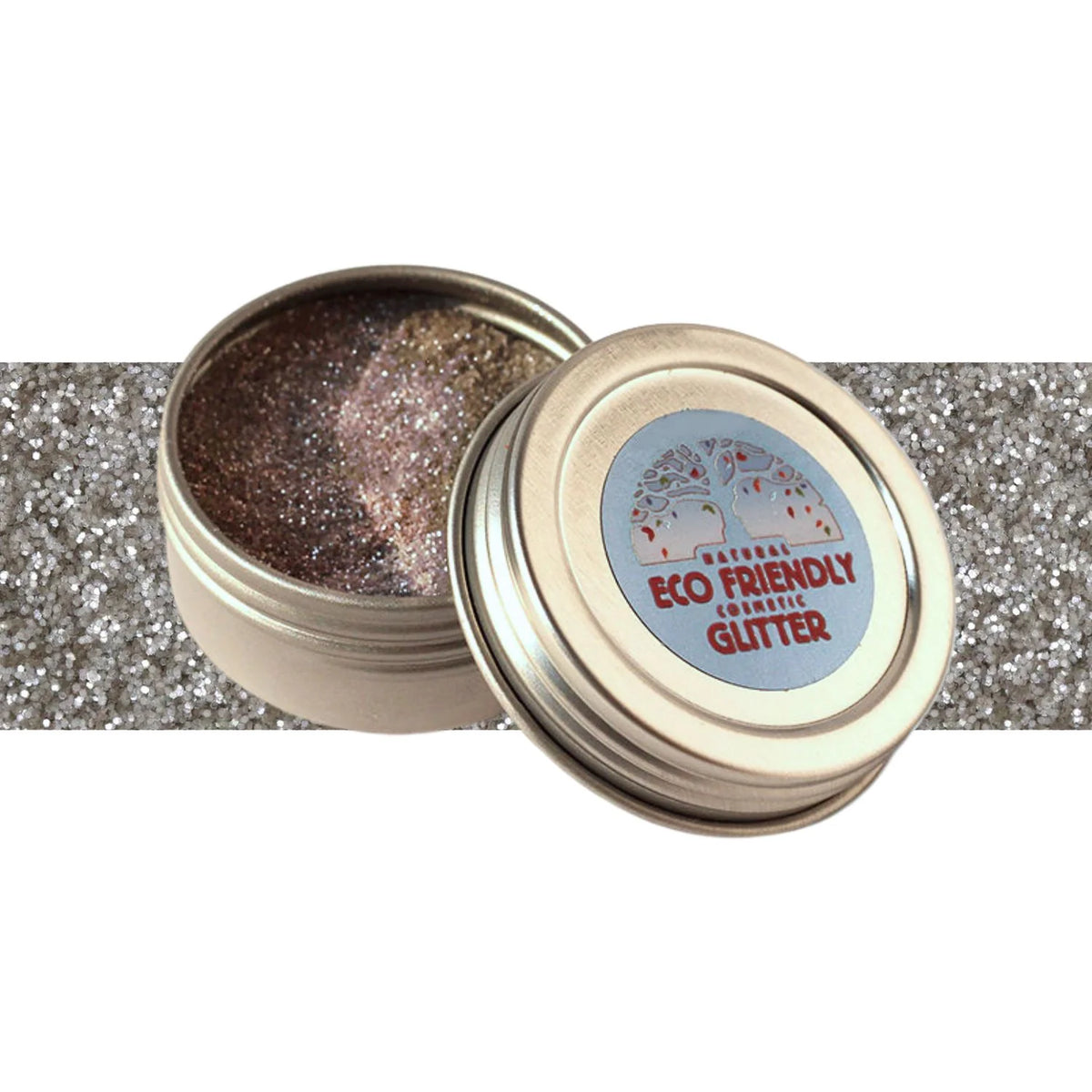 Tin of loose silver glitter on a white background with a stripe of silver in the middle