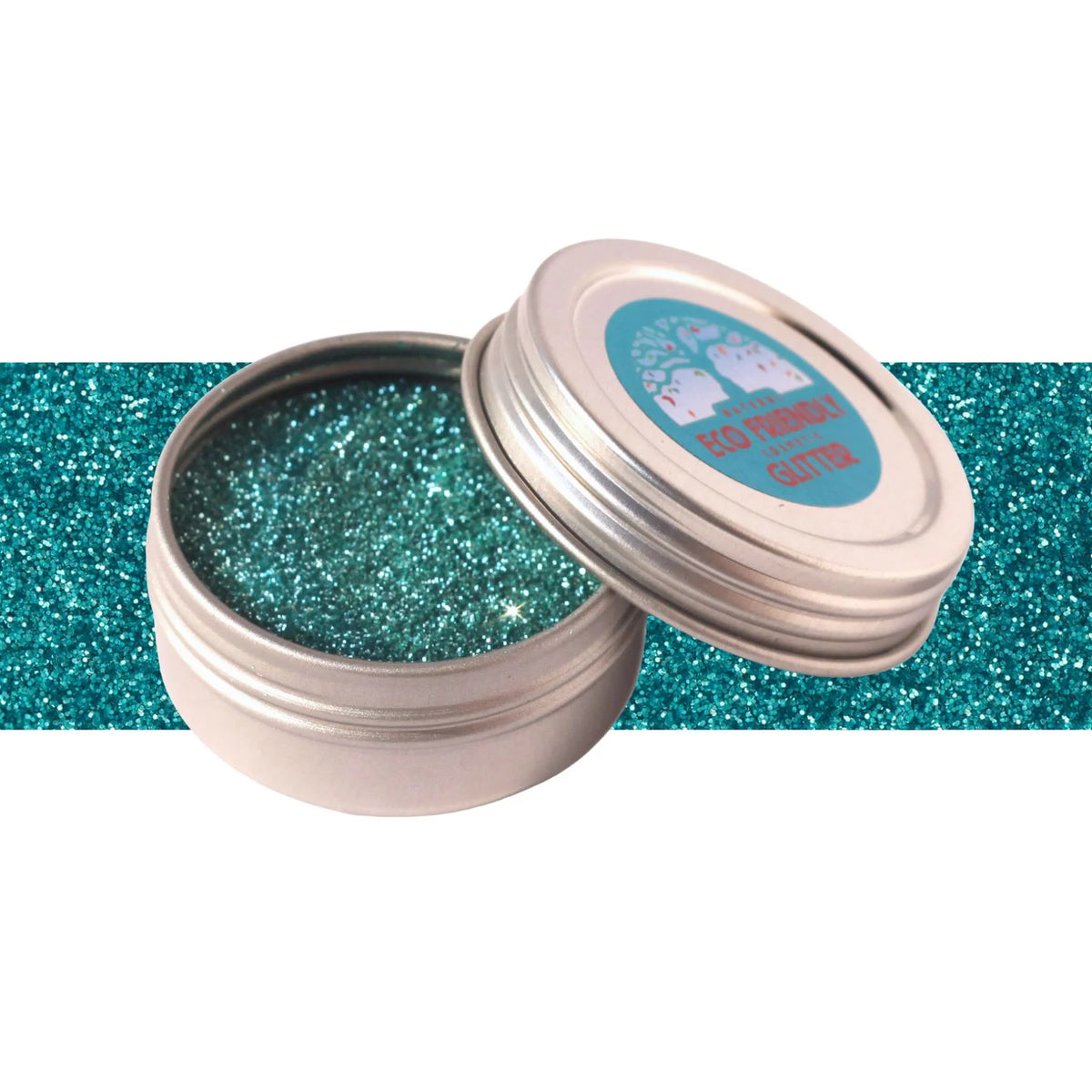 Tin of loose turquoise glitter on a white background with a stripe of turquoise in the middle