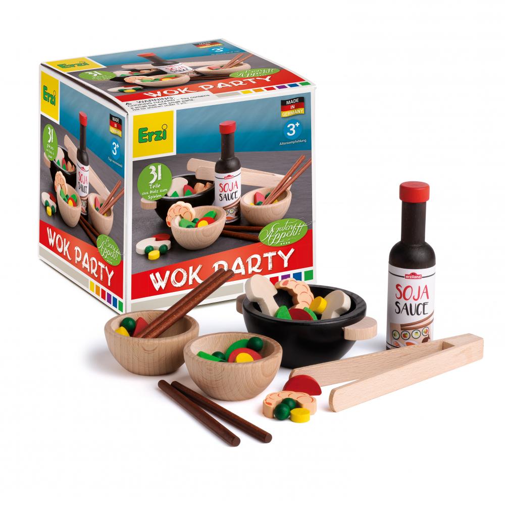 Erzi branded box titled Wok Party with assorted wooden veggies, bowls, soy sauce on a white background