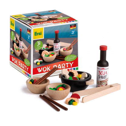 Erzi branded box titled Wok Party with assorted wooden veggies, bowls, soy sauce on a white background