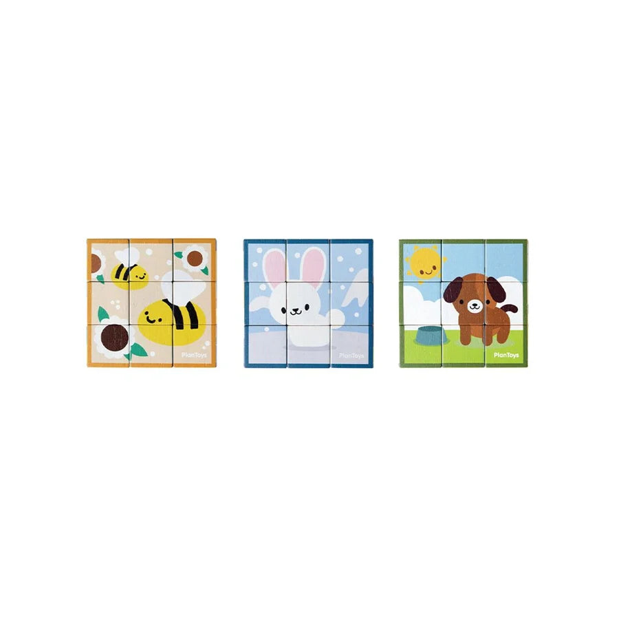 Three block puzzles laid out next to each other, one with bees and flowers, a rabbit in the snow, and a dog in the sunshine on a white background