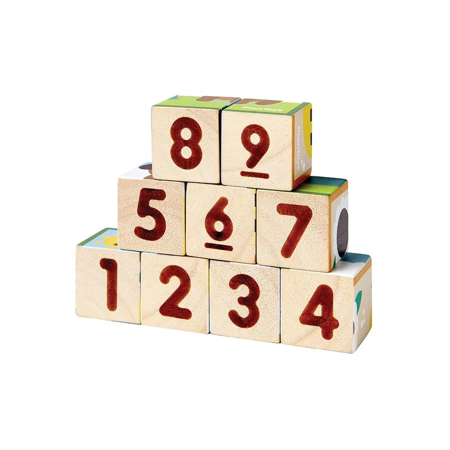 9 wooden blocks stacked 1-9 on a white background