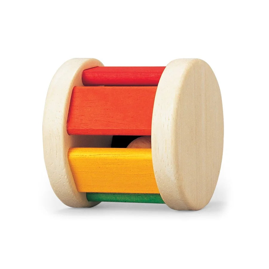 Wooden roller toy with red, orange, yellow, and green panels on a white background
