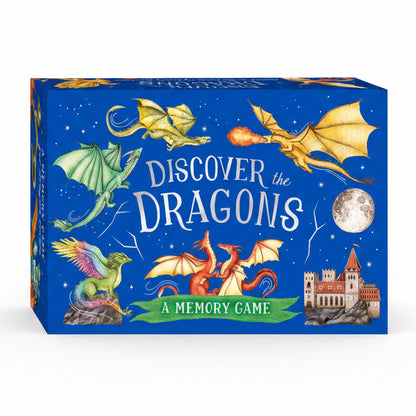 Discover the Dragons memory game box with dragons on a blue background