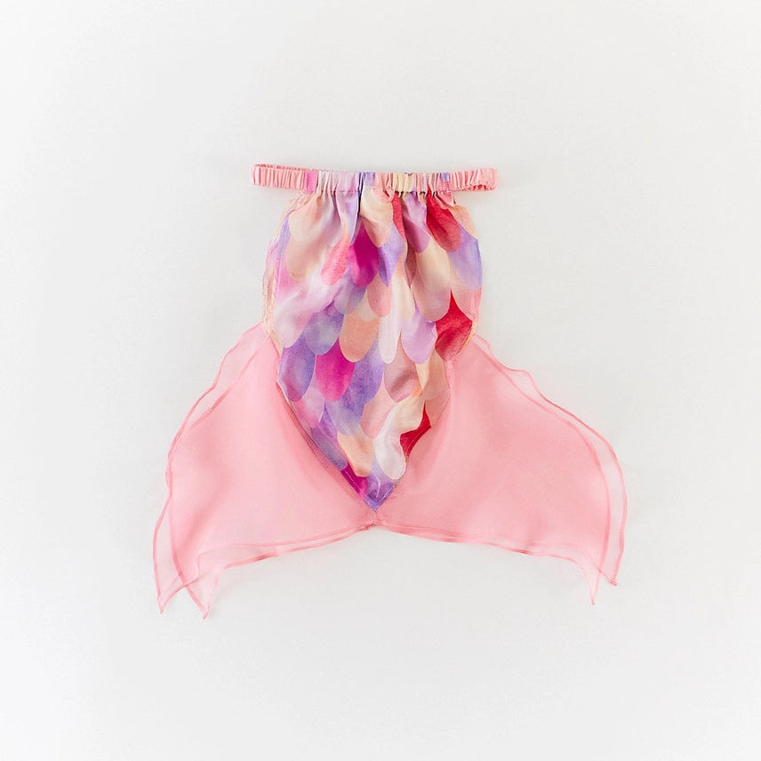 Silk mermaid skirt with purple and pink scales and pink fins on a white background