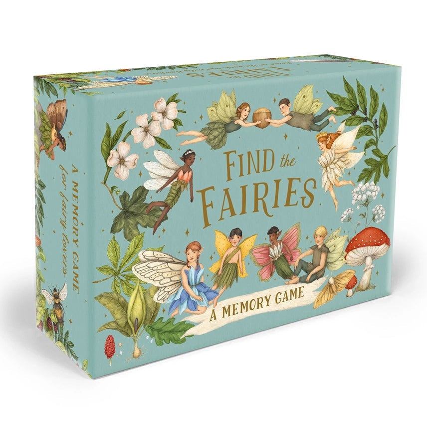 A boxed game titled "Find the Fairies: A Memory Game" shown at a slight angle on a clean white background. The box is light aqua with whimsical fairy illustrations, flowers, leaves, and mushrooms, and the title appears in large gold lettering on the front.