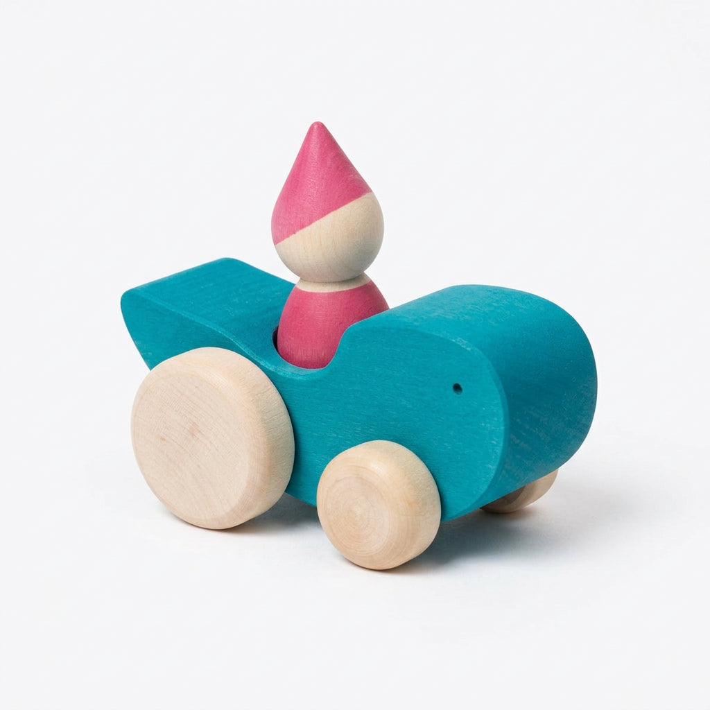 Blue wooden car with red peg gnome