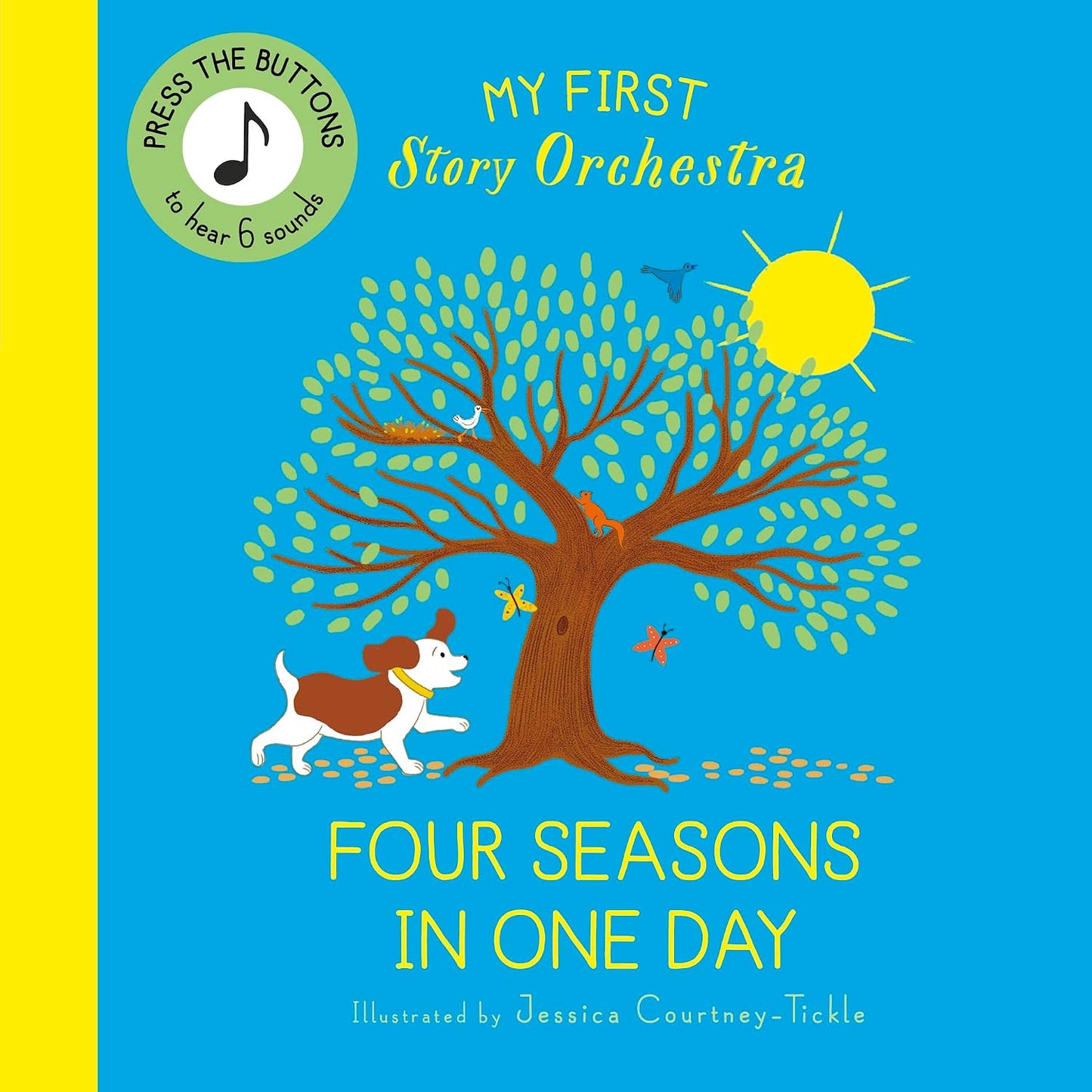 Book cover of 'Four Seasons in One Day' from 'My First Story Orchestra' with a dog and tree illustration.