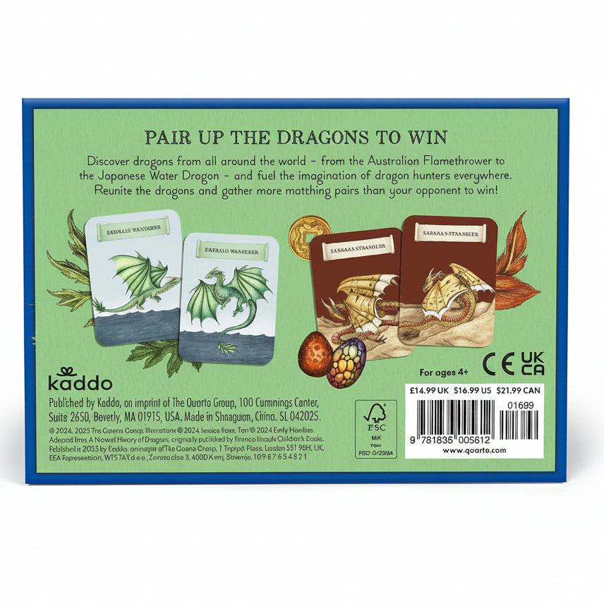 The back of a Kaddo board game box, featuring a light green background with a blue border. It displays the title 'PAIR UP THE DRAGONS TO WIN', product descriptions, illustrations of dragon-themed cards, and a barcode with pricing and age information.