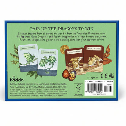 The back of a Kaddo board game box, featuring a light green background with a blue border. It displays the title 'PAIR UP THE DRAGONS TO WIN', product descriptions, illustrations of dragon-themed cards, and a barcode with pricing and age information.