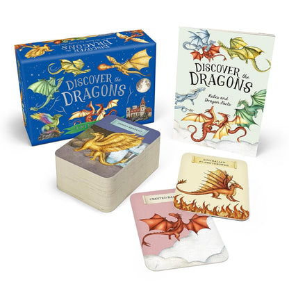 A children's dragon-themed card deck set shown on a white background, including a blue illustrated box, a book or booklet, a stack of cards, and two sample dragon cards.