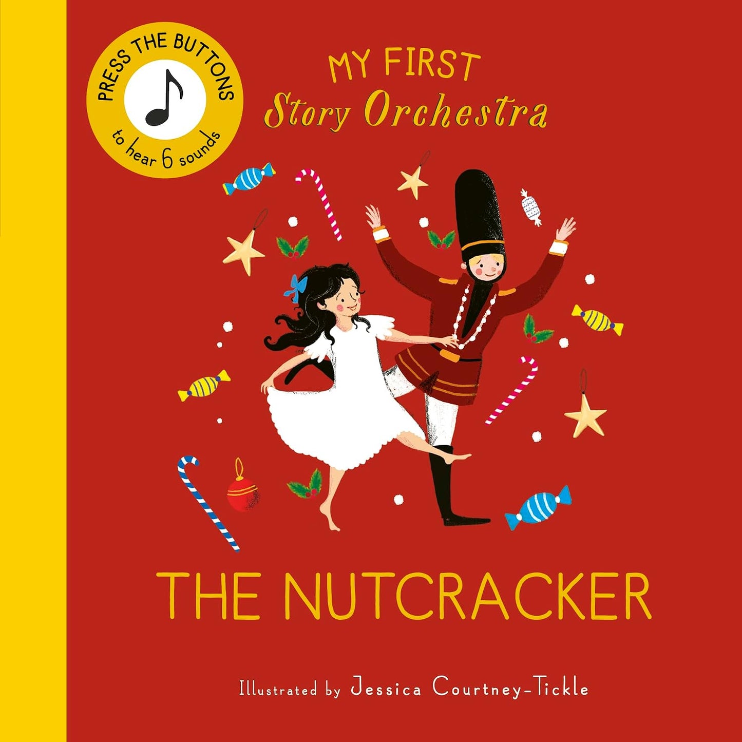 Book cover of 'The Nutcracker' from 'My First Story Orchestra' series with illustrations of a girl and a boy in festive attire on a red background.