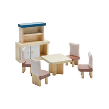 Doll furniture dining room set containing a shelf and cupboard with a table and 4 chairs in front