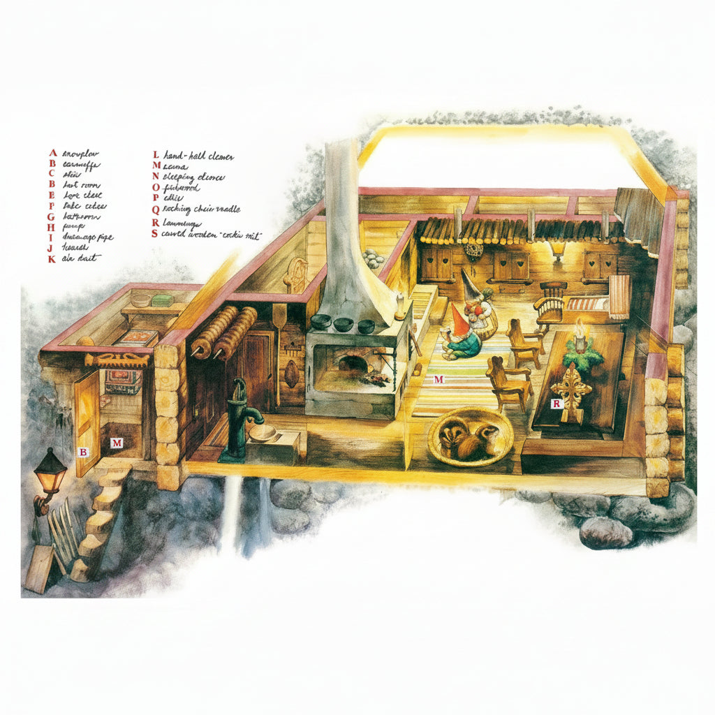 Detailed illustration of a gnome's log cabin interior with labeled parts, showing a cross-sectional view of a wooden house.