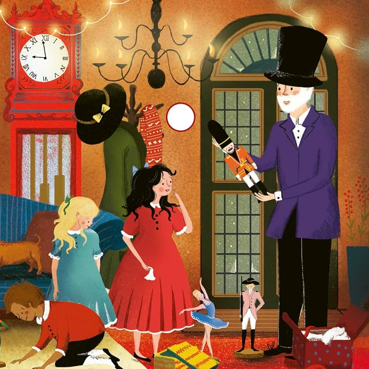 Illustration of a Christmas scene with people and animals in a festive setting.