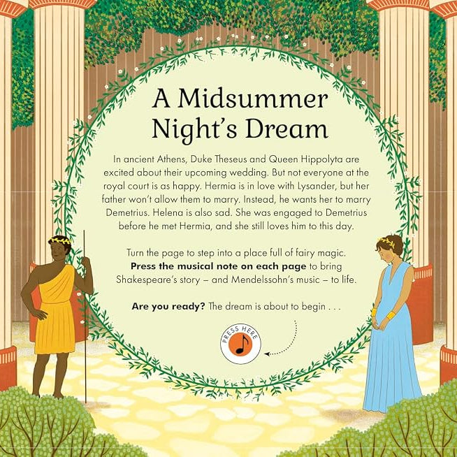 Illustrated scene from 'A Midsummer Night's Dream' with characters and classical architecture.