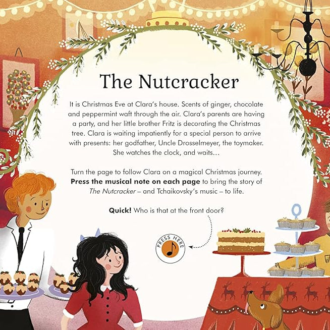 Illustrated scene from The Nutcracker with characters and festive decorations.