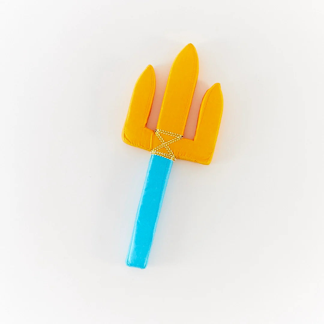 Silk trident with yellow tines and blue handle on a white background