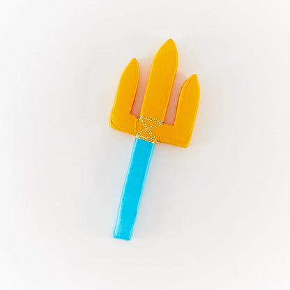 Silk trident with yellow tines and blue handle on a white background