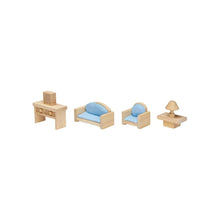 Wooden doll furniture lined in a row including a table with a tv, sofa, chair, coffee table with lamp