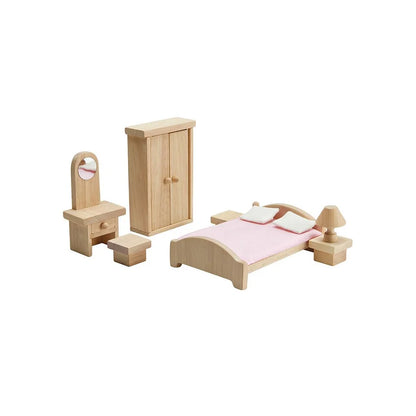 Dolllhouse bedroom furniture on a white background including vanity, stool, closet, bed, 2 side tables, and a lamp