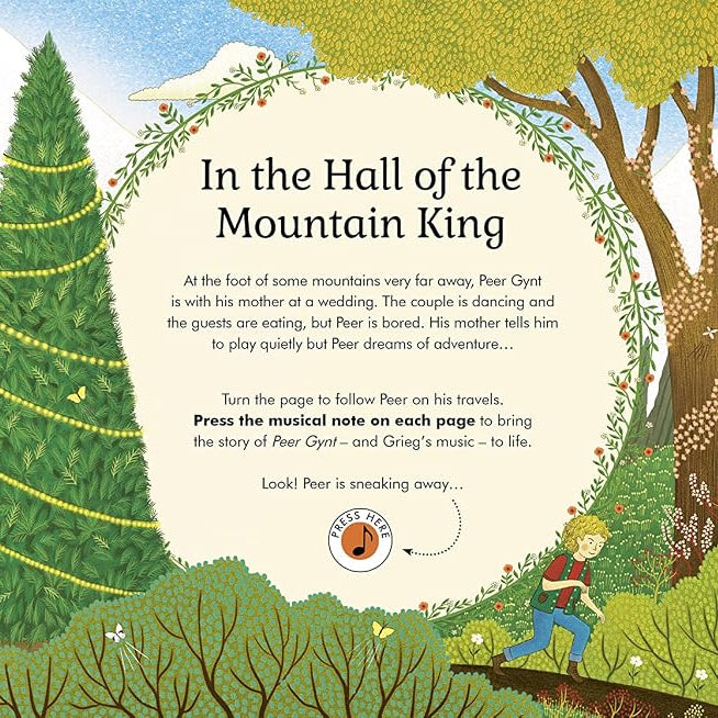 First page of 'In the Hall of the Mountain King' with a whimsical forest sceneand a round text panel showing story text and character descriptions.