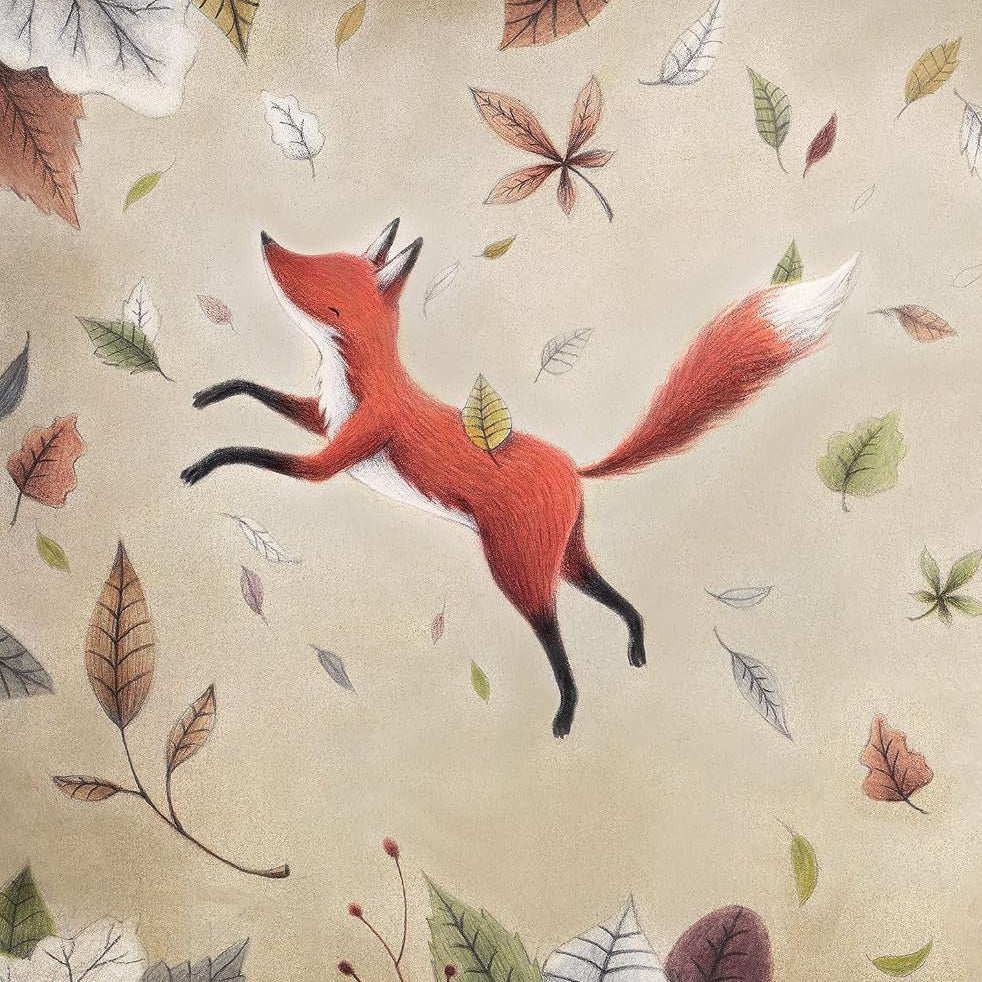 Illustrated children's book page showing a red fox leaping through falling leaves on a beige background.