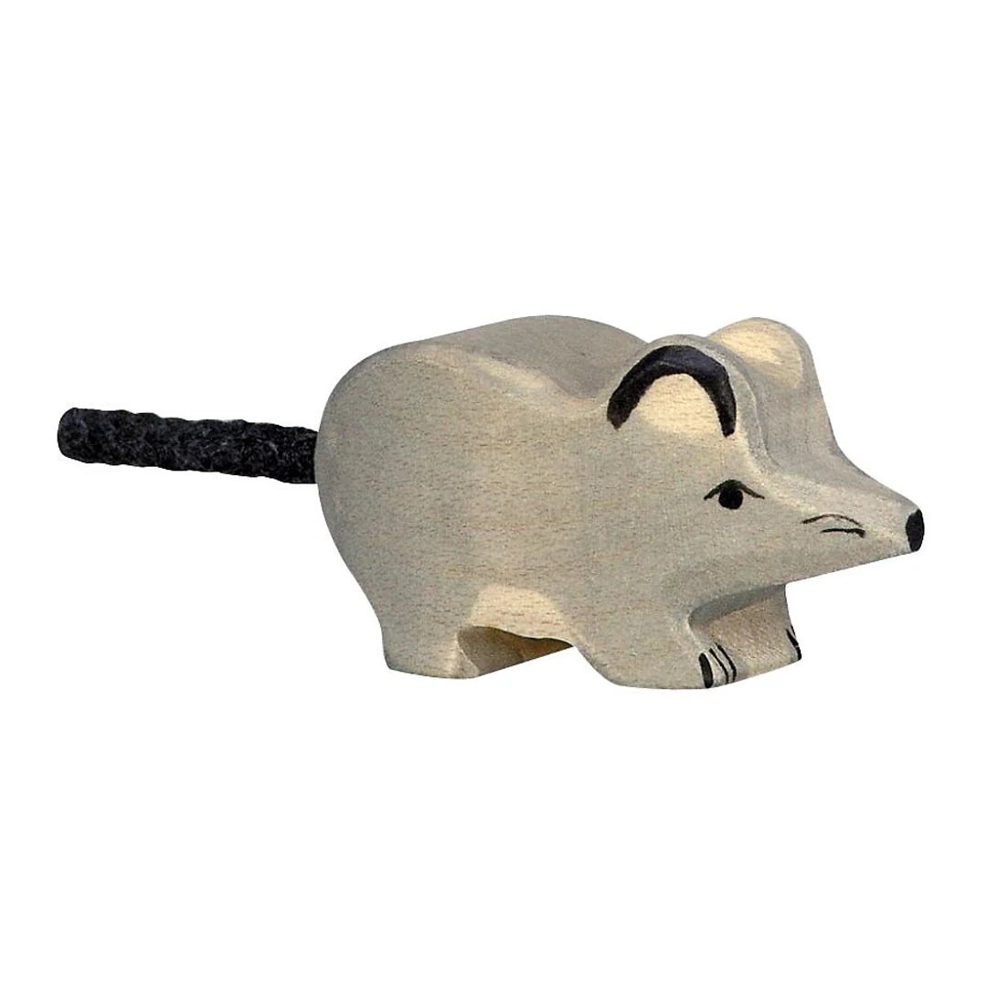Wooden toy mouse with a black tail on a white background