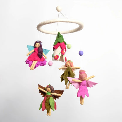 Ceiling mobile with needle felted fairies and a fairy house