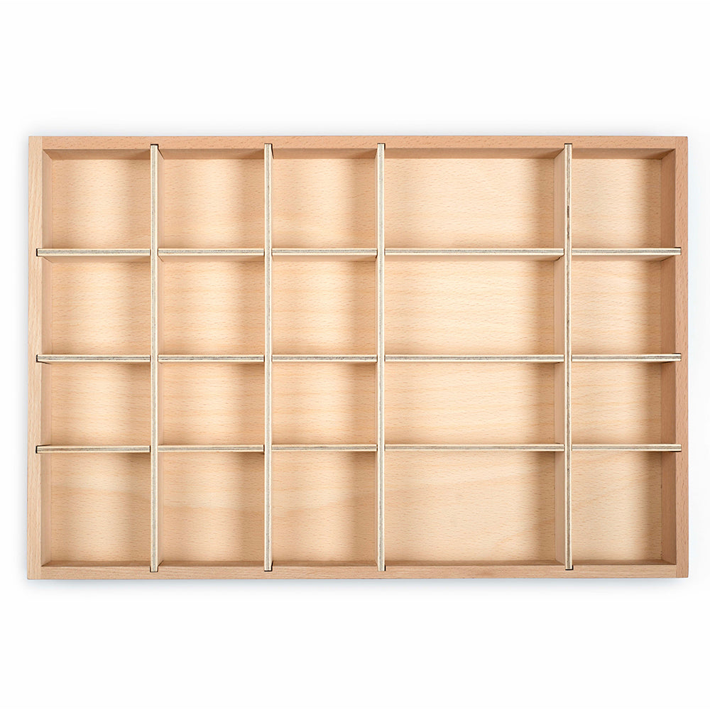 Rectangular wooden storage tray with 20 compartments of different sizes on a white background