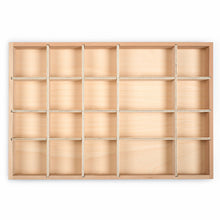 Rectangular wooden storage tray with 20 compartments of different sizes on a white background