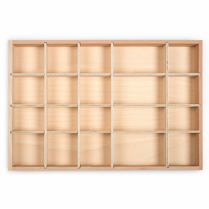 Rectangular wooden storage tray with 20 compartments of different sizes on a white background