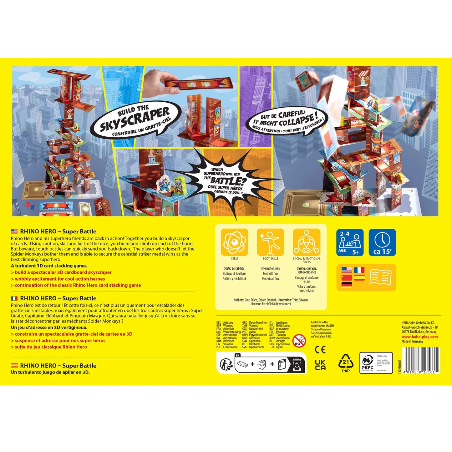Back of Rhino Hero Super Battle box with game information