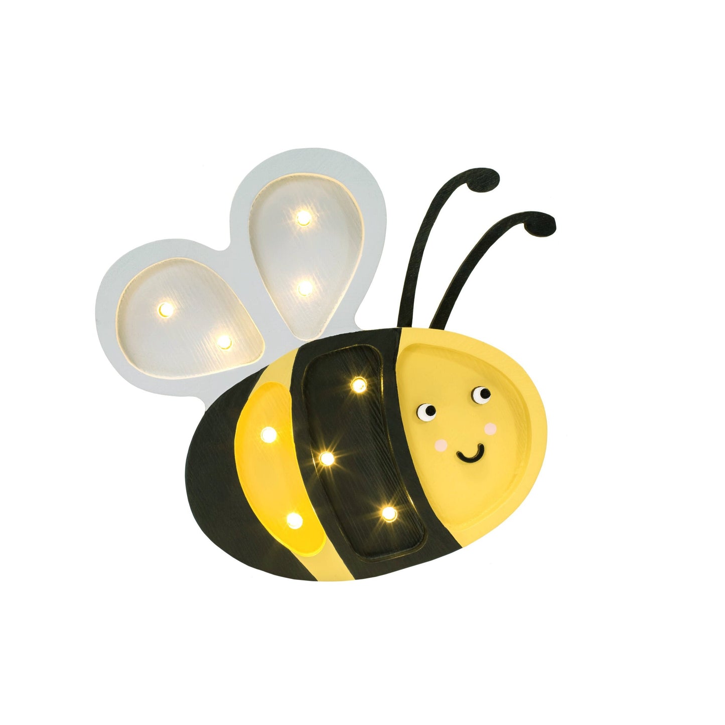 Black and yellow striped bee lamp with a smiling face on a white background