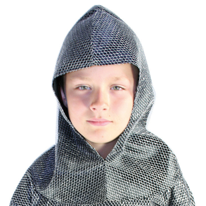Child wearing a chainmail hood on a white background
