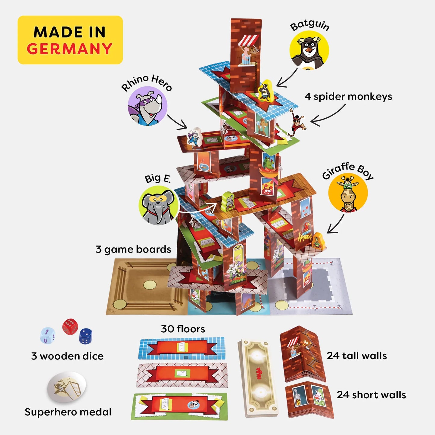 Contents of Rhino Hero Super Battle with game boards, dice, and character illustrations on a white background.