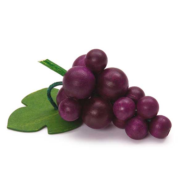 Bunch of wooden purple grapes on a white background