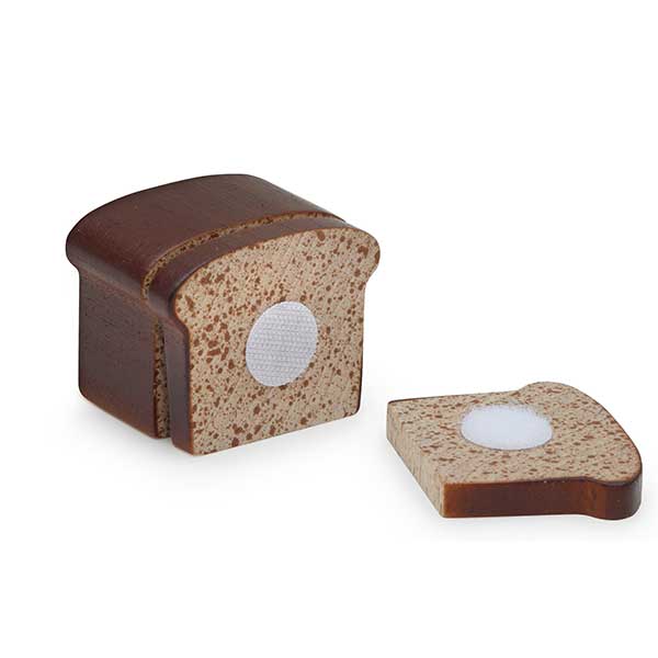 Wooden bread with velcro slices on a white background