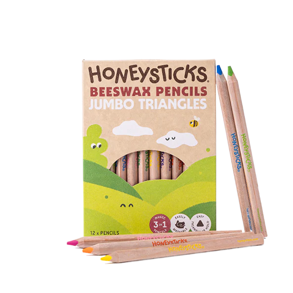 Honeysticks beeswax pencils in a cardboard packaging with a white background