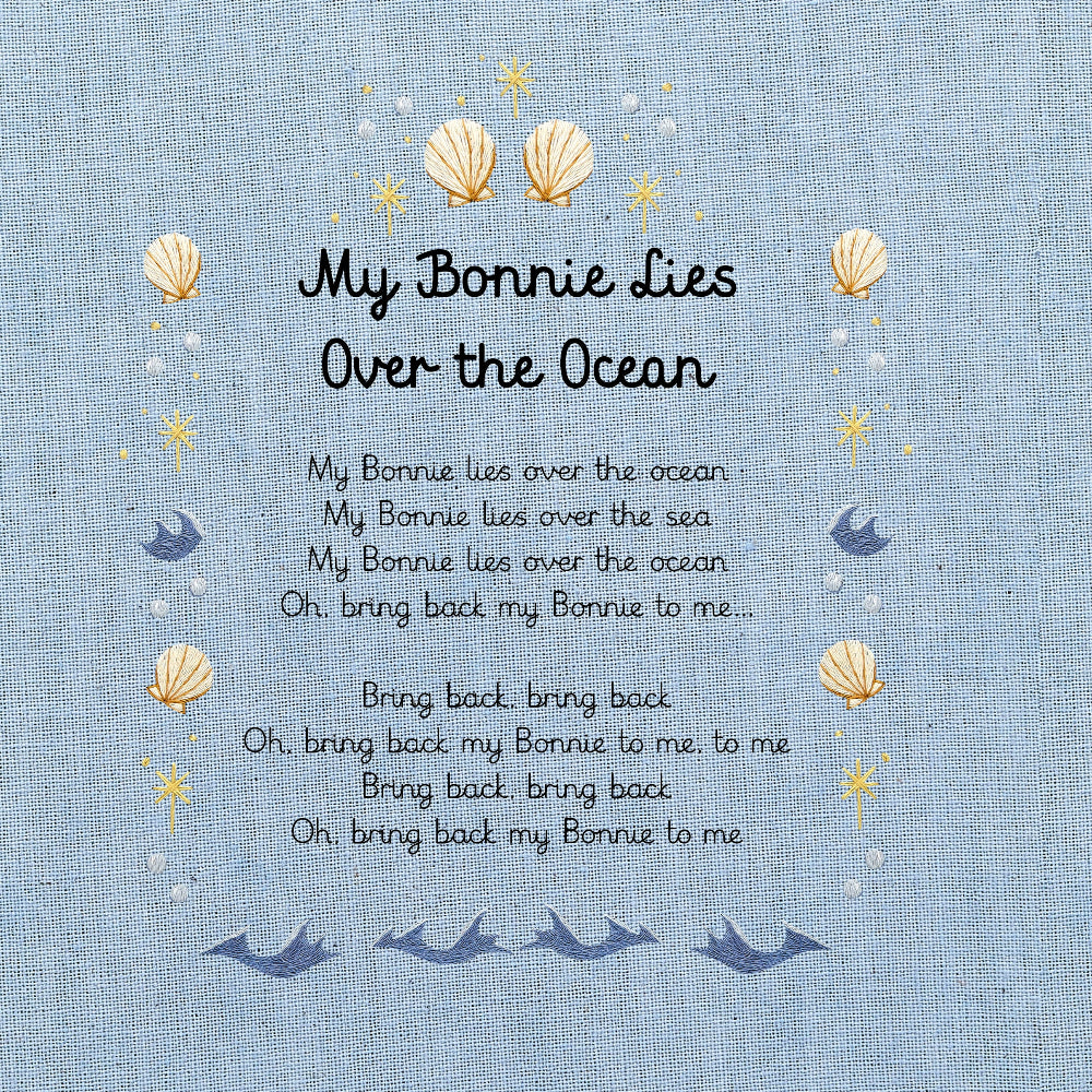 A light blue fabric print featuring the nursery rhyme 'My Bonnie Lies Over the Ocean' with decorative seashells, and stars
