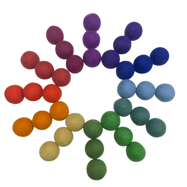 36 felt balls in 12 idfferent colors arranged in a circle on a white background