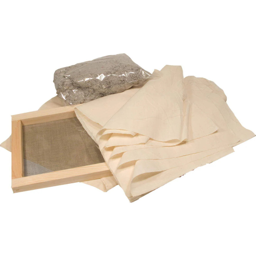 Papermaking supplies including wooden mesh frame, shredded paper, and cloths