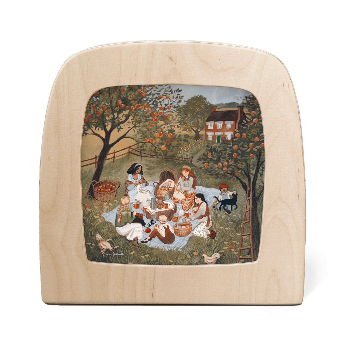 Wooden frame with silhouette of a group of people having a picnic under apple trees
